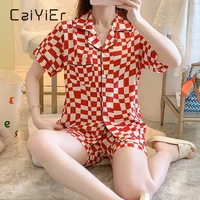 caiyier 2022 summer plaid nightwear girls short sleeve shorts casual sweet nightwear korean female pajamas set soft home clothes