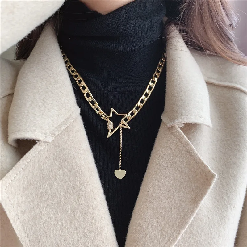 

Minar Cool Hollow Irregular Star Chokers Necklace for Women 2021 Gold Color Chunky Cuban Chain Heart Pendant Necklaces Gifts