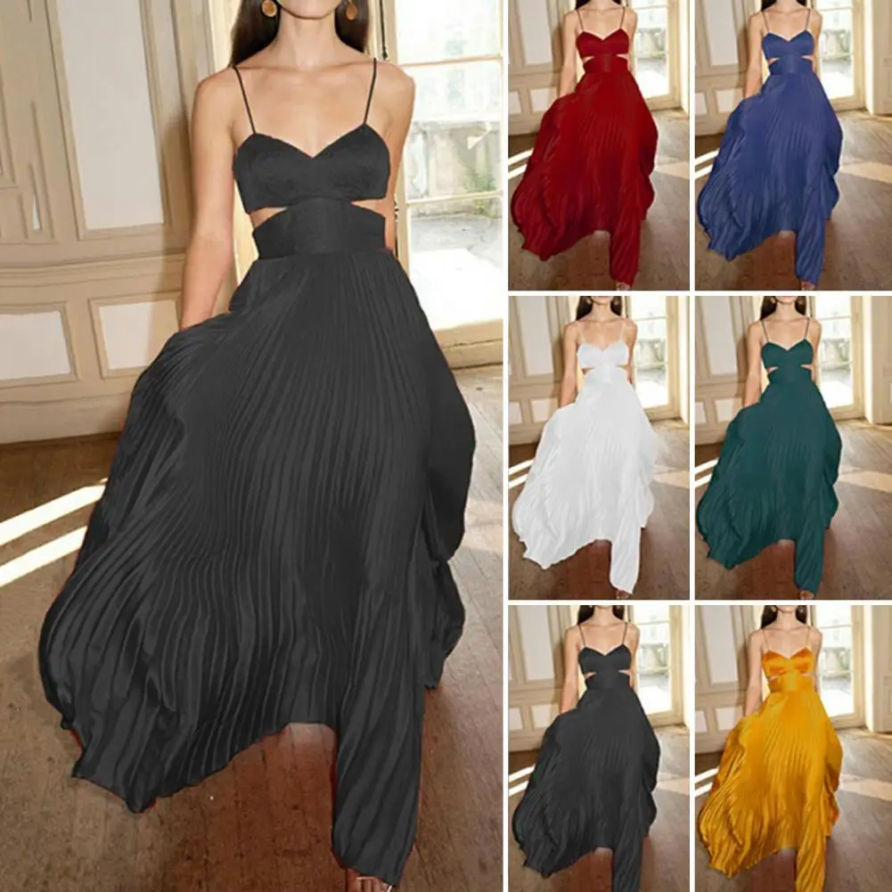 

Women Maxi Dress Bandeau Sleeveless Backless High-Waist A-Line Sling Dress Waist Hollow Large Hem Maxi Dress Female Clothing
