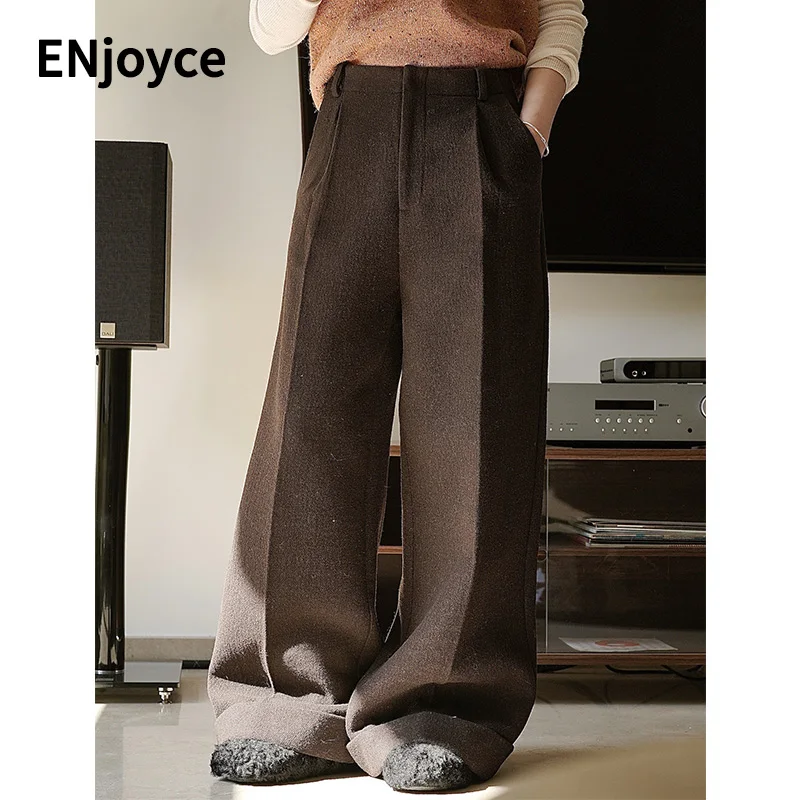 Women Winter Loose Wool Tweed Thick Wide Leg Pants Office Lady Casual High Waist Comfortable Warm Straight Trousers