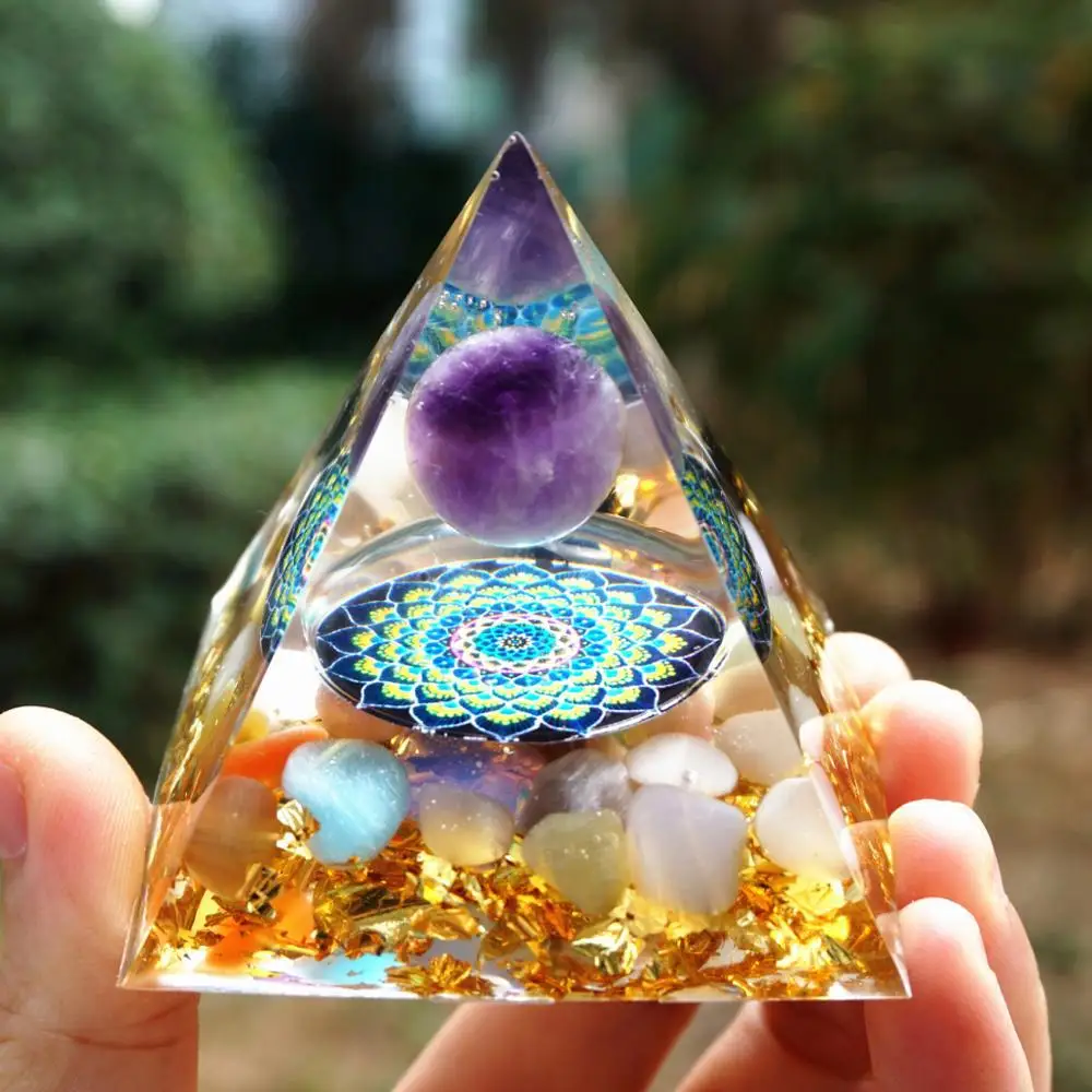 

Crystal ball chakra pyramid crystal gravel dripping resin pyramid ornament decorations for home resin embellishments home decor