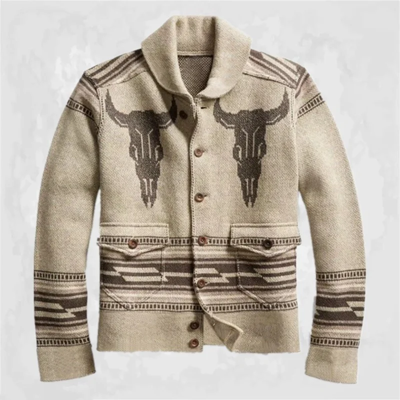 

New Men's Jacquard Knit Jacket Long Sleeve Lapel Button Sweater