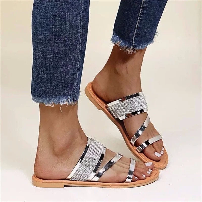 

2022 Summer Women's Shoes Plus Size 43 Fashion Glossy Rhinestone Sandals Slippers Female Summer Outdoor Casual Flat Slippers