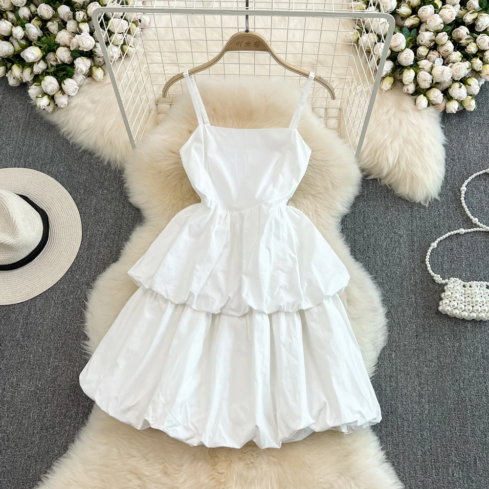 

2022 Summer Korean Dress Women Japanese Sweet Spaghetti Strap Off Shoulder Dresses Vintage Solid Cake Vestidos Femme