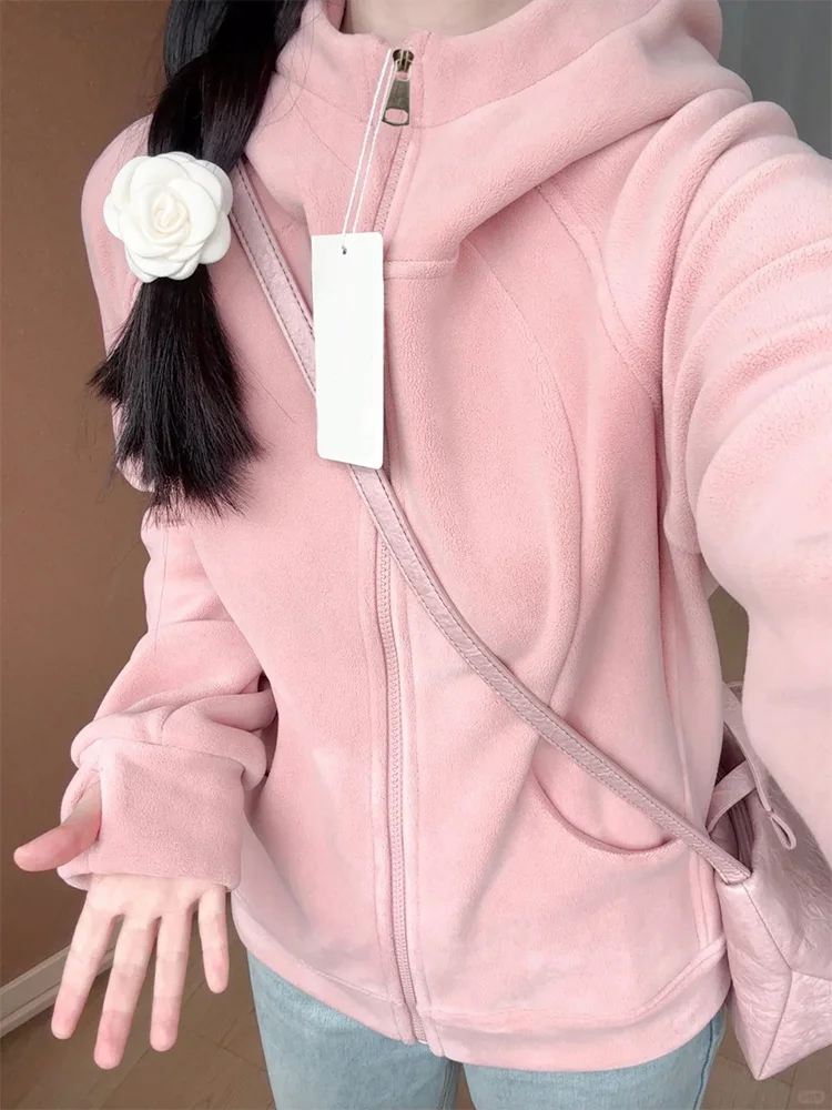Pink Polar Fleece Outerwear Women Autumn and Winter Slim fit Double-sided Olympic Jacket Liner Fleece-lined Hoo... |