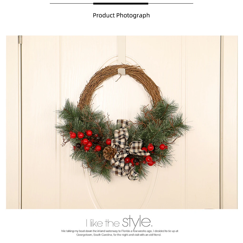 

Christmas Simulation Red Berries Wreath Hanging Party Bar Hotel Garlands Pine Needles Bowtie Greeting Hoop Pendent