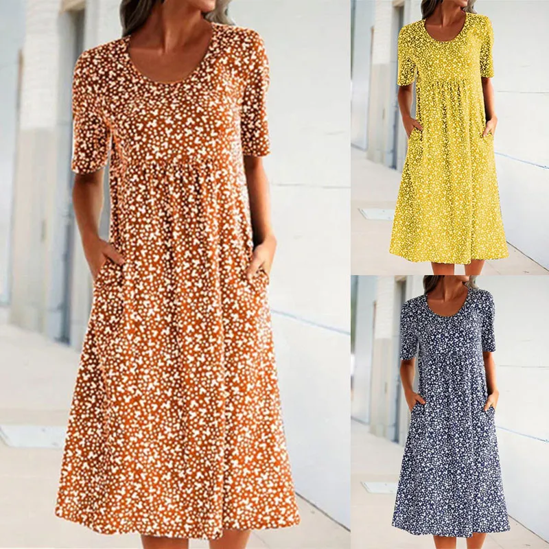

2022 New Summer French Simple Fashion Round Neck Floral Short-sleeved Dress Women