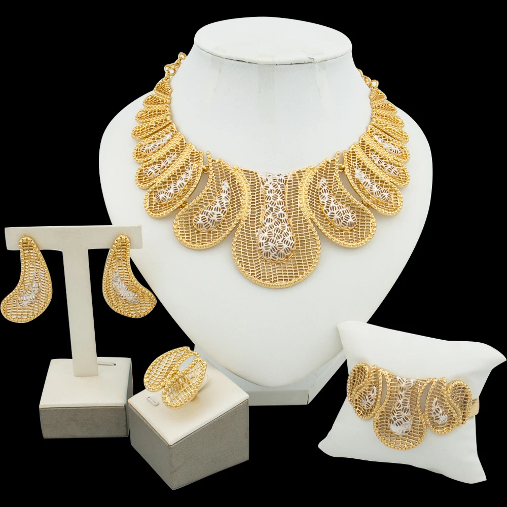

Fashion Jewelry Set Ladies 18k Gold Plated Necklace and Earrings with Bangle Ring Copper Alloy Nigerian Wedding Party Jewellery
