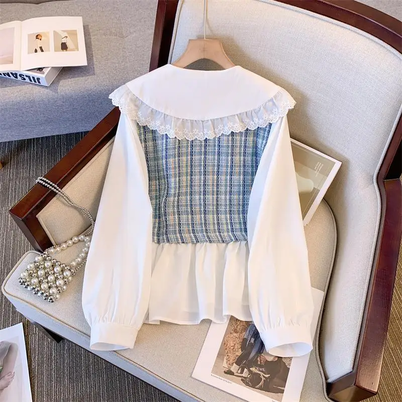 Блузка женская с воротником Питер Пэн модная рубашка в стиле пэчворк Свободная