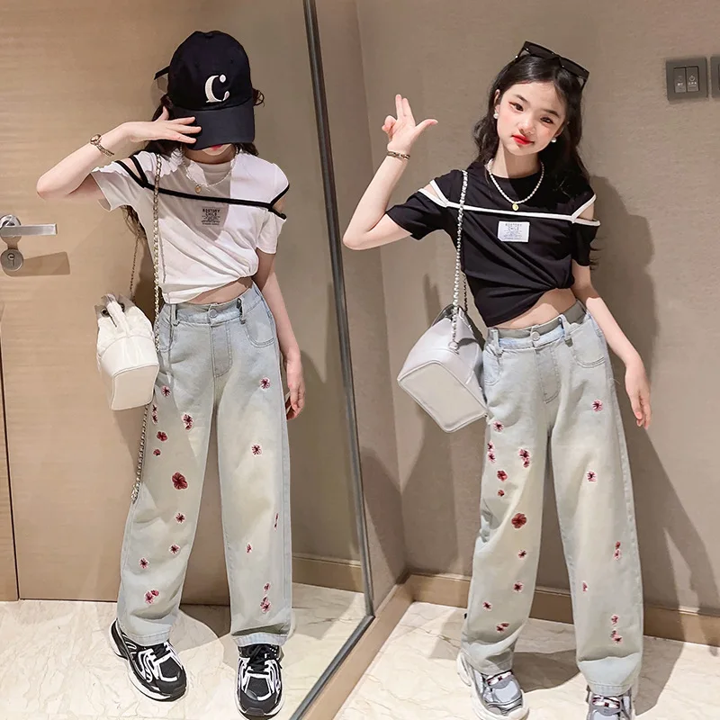 

Girls summer dress suit childrenfashion online celebrity fried street embroidered denim wide-leg pants two-piece suit