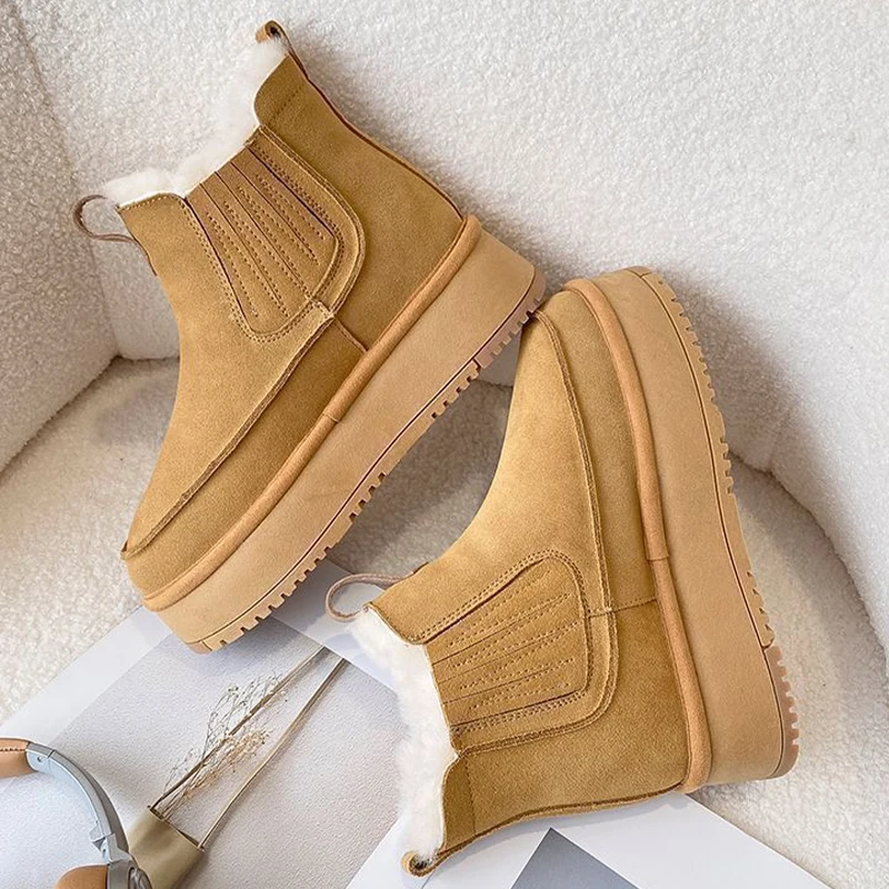 

Женские меховые ботильоны на плоской подошве, зимняя теплая обувь, новинка 2024, дизайнерские Короткие Плюшевые Ботинки Челси, замшевые готические женские ботинки на платформе