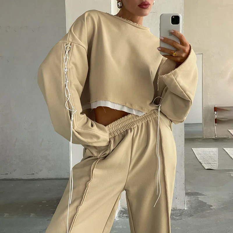 

Autumn Fall Clothes Sweatshirt Hoodies Women Fashion Bandage Long Sleeve Color Contrast Bandage Crop Top Pullover Hip Hop Grunge