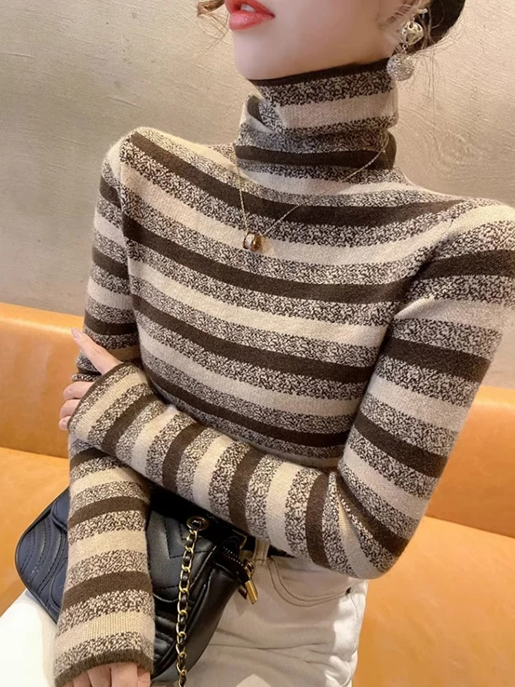 

BOBOKATEER Women's Sweater Knitwears Frau Pullover Turtleneck Kobieta Swetry Long Sleeve Striped Poleras Mujer Sweter Damskie