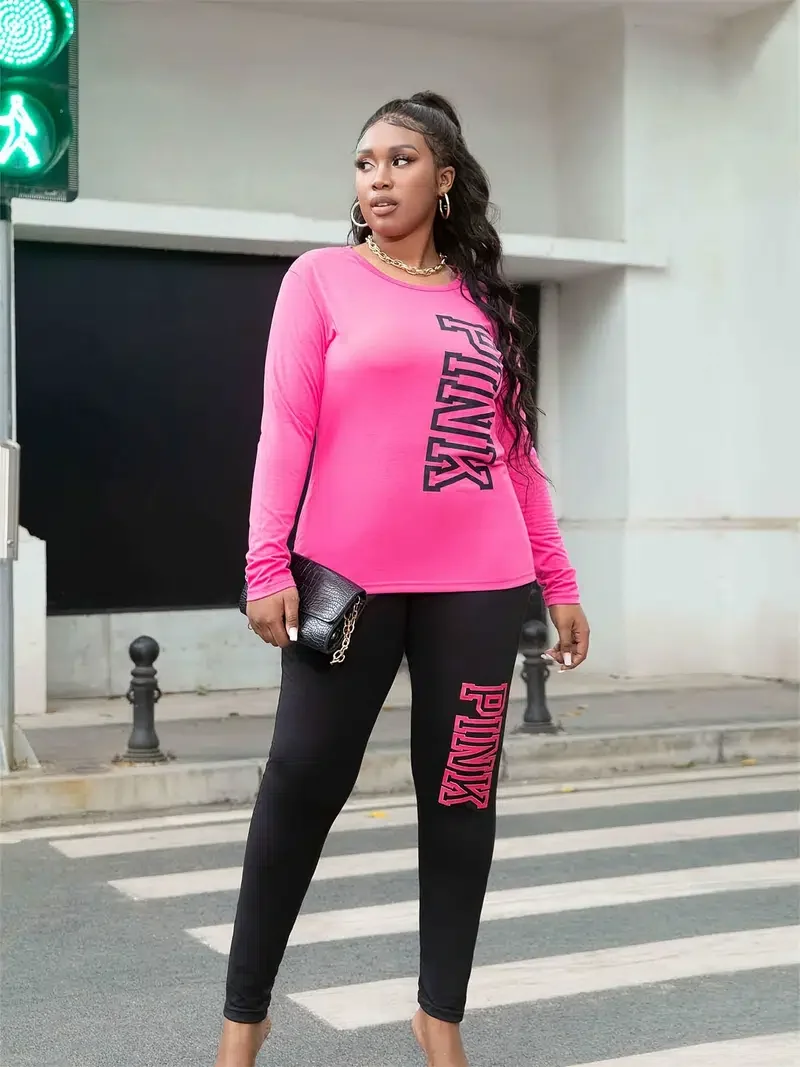 LW Plus Size Cotton Blends 2PC Pink Letter Print Pants Set Long Sleeve Round NeckTop & Skinny Leggings Suits