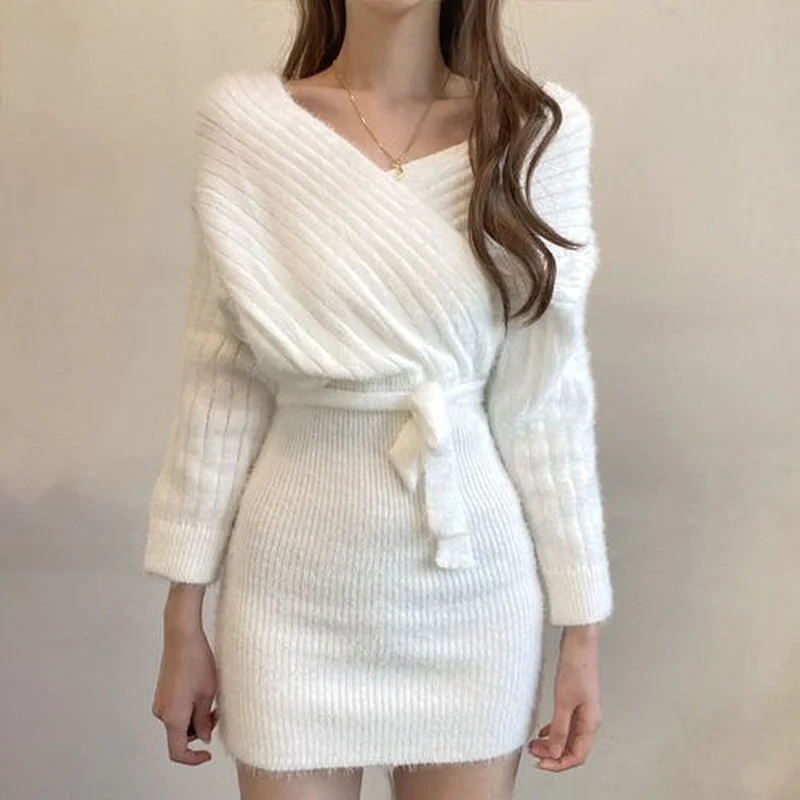 

Women Dress 2021 Winter Autumn Korean Chic French Elegant Temperament Cross V-neck Lace-Up Designed Female Sexy Bodycon Dress