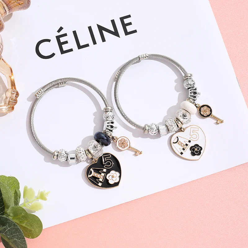 

XIAOBOACC Stainless Steel Love Key Pendants Crystal Bracelet DIY Women Adjustable Charm Beaded Bangle Gifts