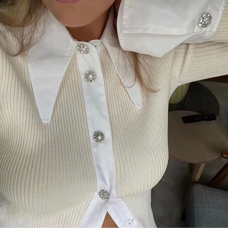 

Woman Long Sleeve Knit Sweater Cardigan Elegant Lapel Flared Sleeve Fashion Top