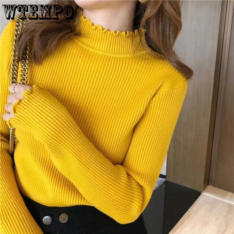 Half-high Collar Sweaters for Women Pullover Fungus Lace Casual Long Sleeve Knit Sweater Female Jumpers Basic Bottoming Sweaters