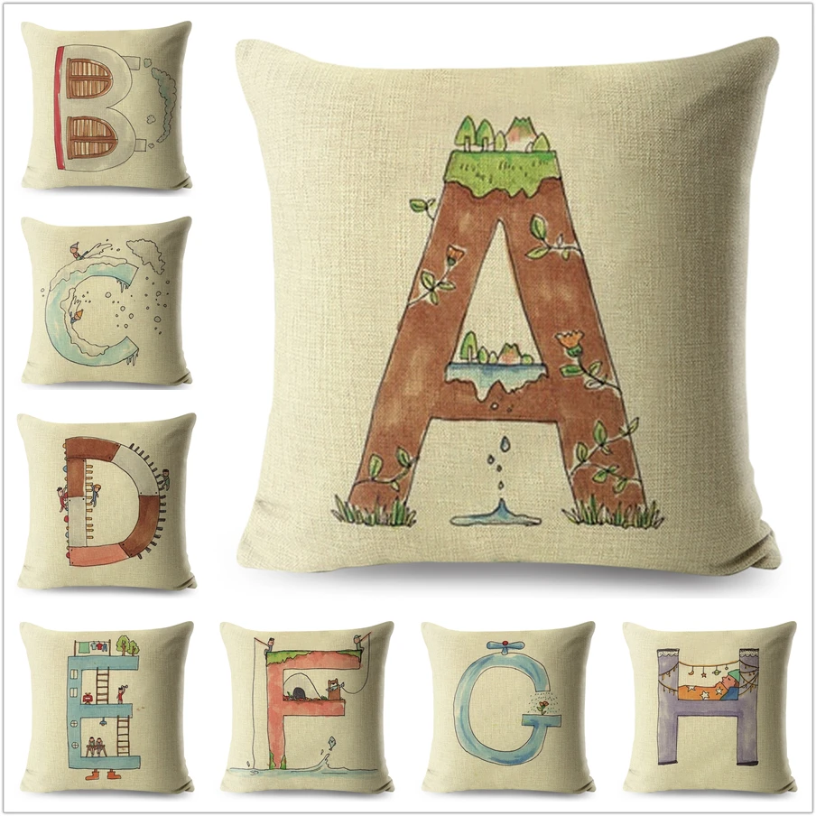 

A-Z Pillow Case Decor Cartoon Letter Printed Cushion Cover for Sofa Home 100% Polyester Square Pillowcase 45*45 cm