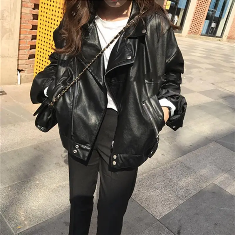 

2023 New Spring Autumn Women Pu Leather Motorcycle Jacket Female Zipper Solid Color Jackets Ladys Loose Casual Jackets Q418