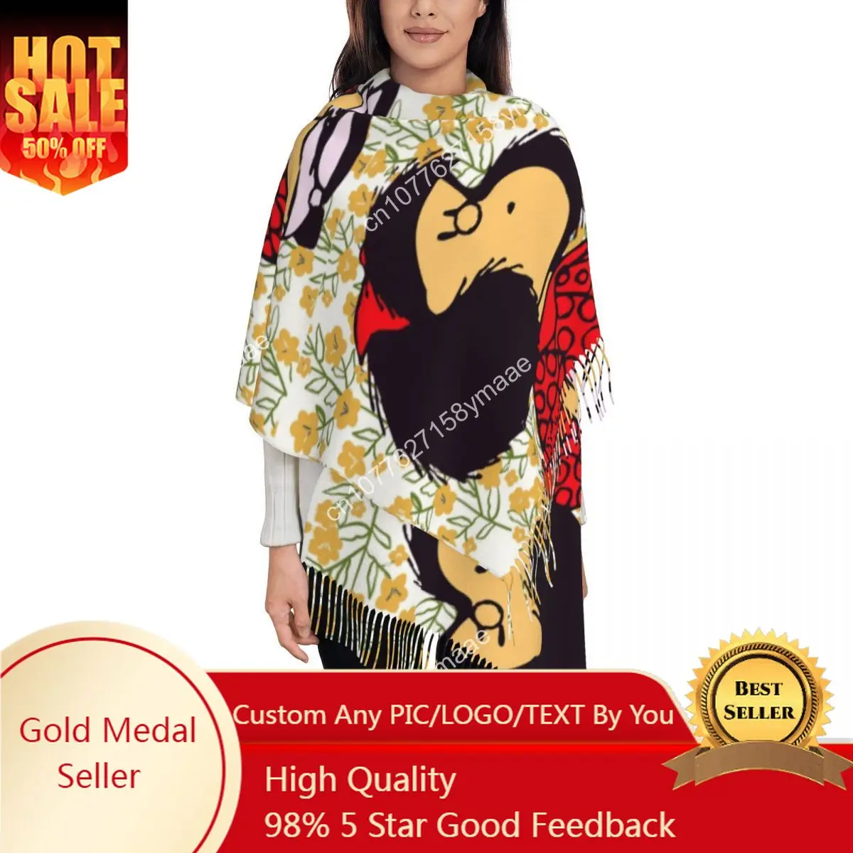 

Custom Mafalda Flowers Scarf for Womens Warm Winter Cashmere Shawl Wrap Kawaii Amine Long Large Scarves with Tassel for Ladies