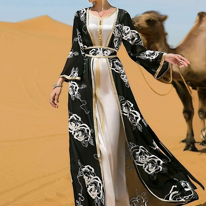 

Abayas Muslim Kaftan Dress Women 2 Piece Set Loose Robes Spring New Fashion Print Elegant Arab Dubai Islamic Kimono Muslim Dress