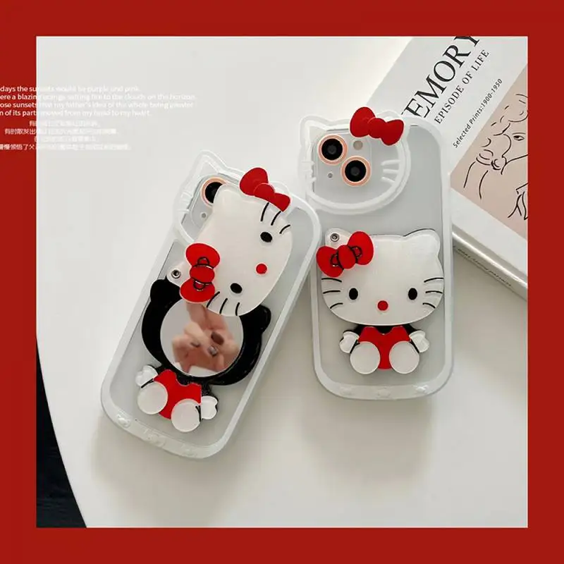 

BANDAI Red Bow Hello Kitty Rotating Makeup Mirror Painted Phone Case for iPhone X XR XS 7 8 Plus 11 12 13 pro MAX 13mini cover