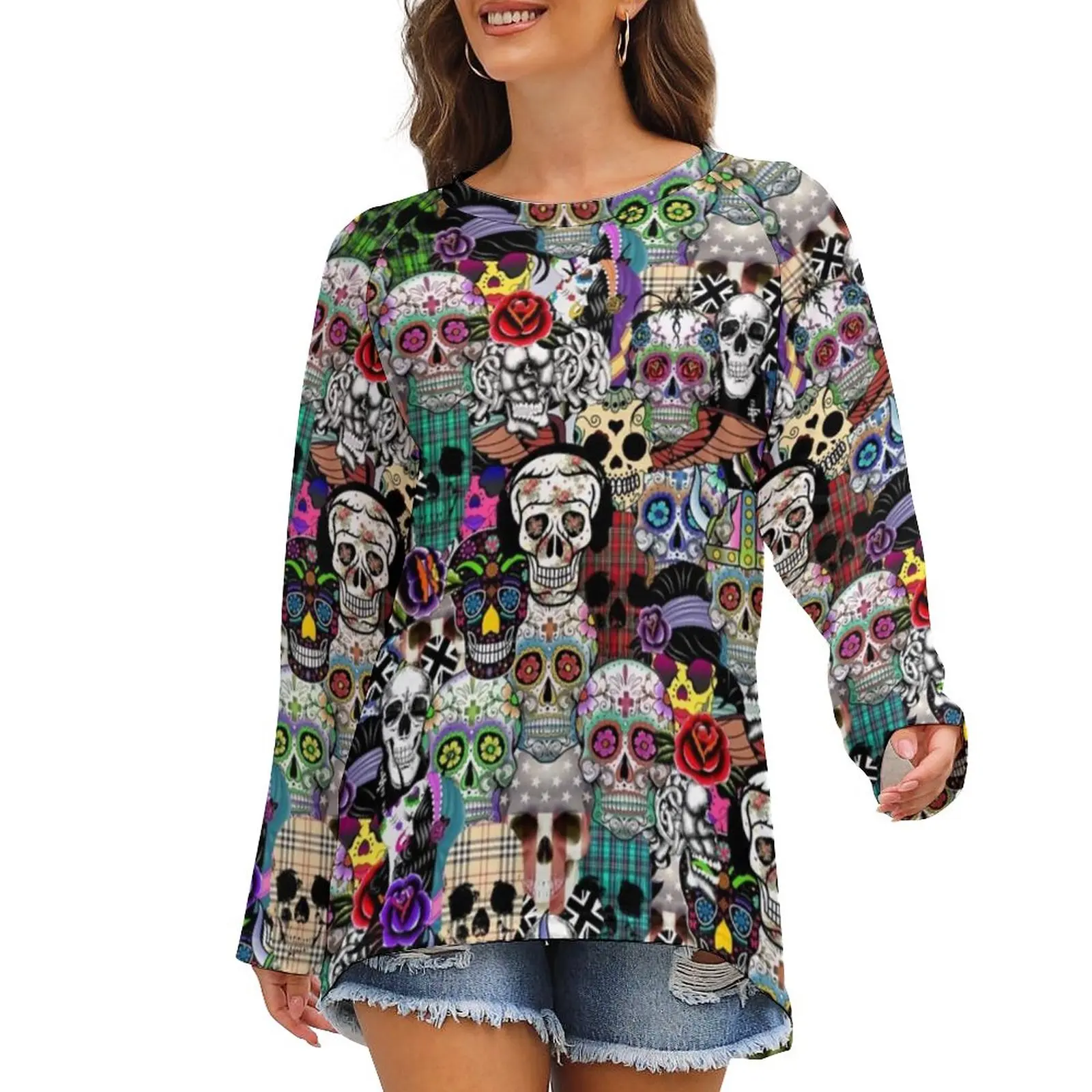 

Футболки с рисунком костяного скелета для Хэллоуина, классная Милая футболка, женские уличные модные топы с длинным рукавом, Одежда большог...