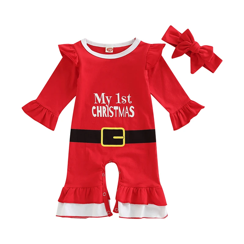 

0-18M Newborns Baby Girls 2Pcs Christmas Outfits Autumn Long Sleeve Ruffle Santa Romper + Headband Set