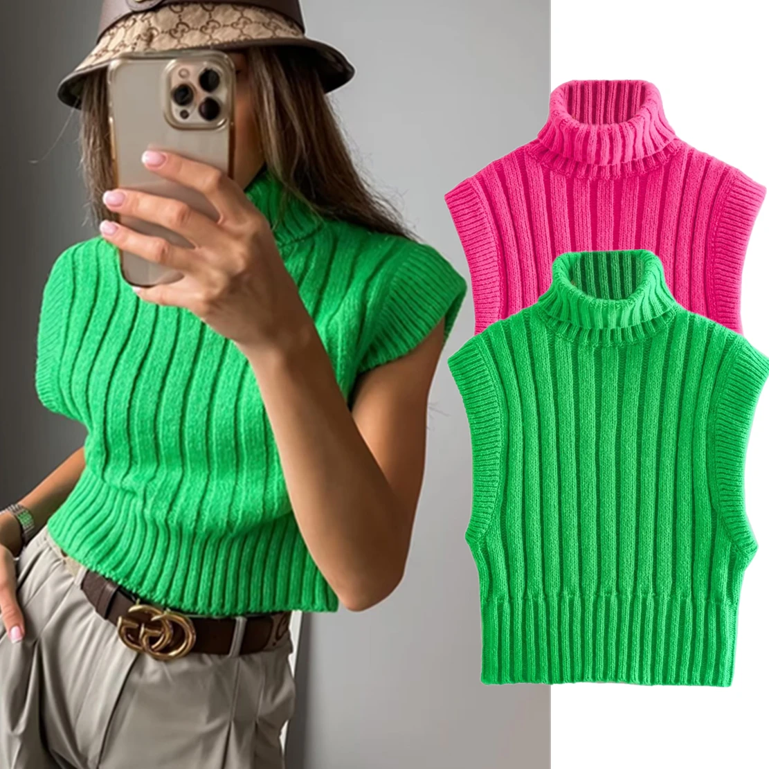 Withered Ins Blogger Green Color Fashion Tops Turtleneck Solid Short Sweaters Women
