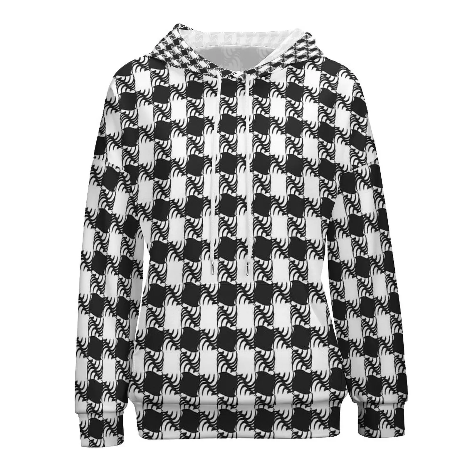 

Abstract Houndstooth Hoodies Lady Black White Plaid Korean Fashion Hoodie Autumn Long-Sleeve Kawaii Hooded Sweatshirts Big Size