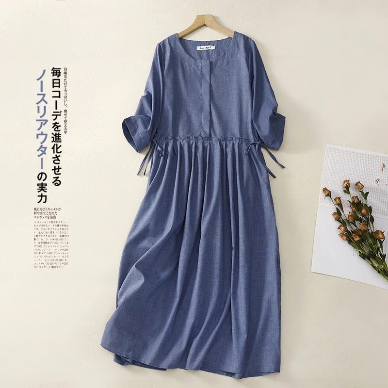

Cotton Linen Dress Women Loose Large Size Solid Color Long Dress Casual Streetwear