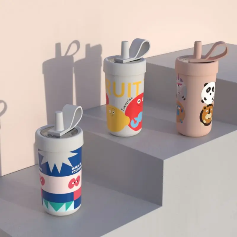 

450ml 316 Stainless Steel Creative Doodle Pattern Thermos Cup Straw Tumbler Leak Proof Coffee Water Mug Warmer