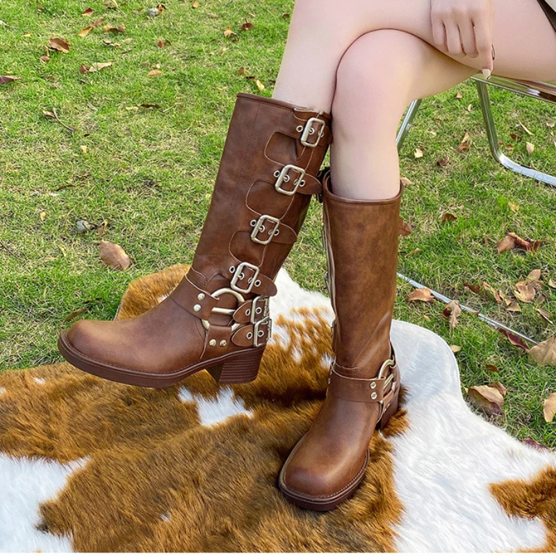

Women's Retro Punk Chunky Heel Boots 2023 Autumn Winter Belt Buckle Comfortable Walking Boots Non-Slip Thick Sole Western Boots