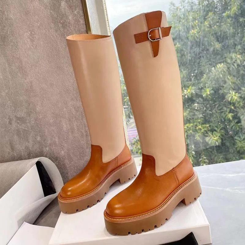 

Platform Knight Boots British Style Retro Patchwork Round Toe Botas Autumn Winter Genuine Leather Fashion Women Knee-length Boot