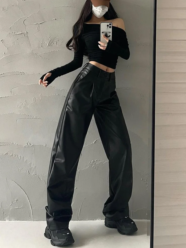 

Street Sweet American High Waist Loose Slim Straight PU Leather Pants Casual Pants Fashion Wide Leg Pants 5WG2