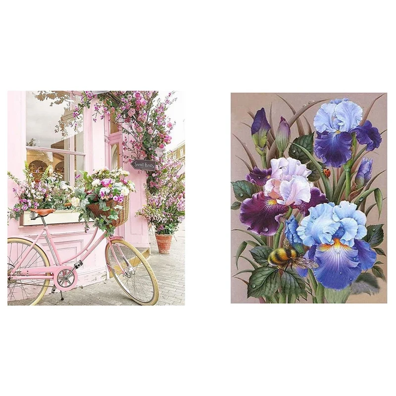

2 Set Full 5D Diy Diamond Painting Cross Stitch 3D Decor Paintings, "Bicycle Flower" & "Honeybee FLOWER Ladybug"