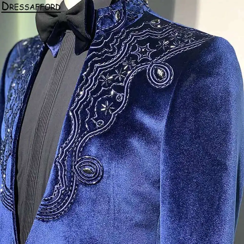 Фото Мужские костюмы Blue Veet для свадьбы, с аппликациями и бисером, смокинги для жениха, 2 предмета: пиджак и брюки, блейзеры для выпускного вечера, на заказ №2