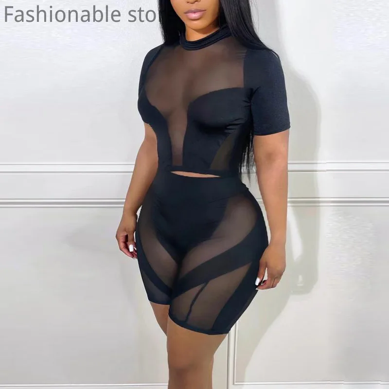 

Women Sexy Solid Color Sheer Mesh Patchwork Round Neck Top and Skinny Shorts 2pcs Set