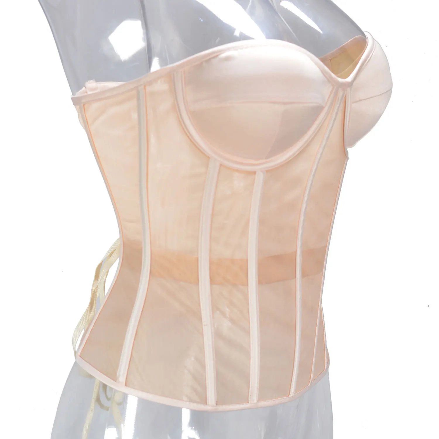 

Abdominal Corset Double Layer Transparent Mesh Breathable Bustiers With Bra Lace Up Bones Bodices Beige XS TO 3XL For Dresses
