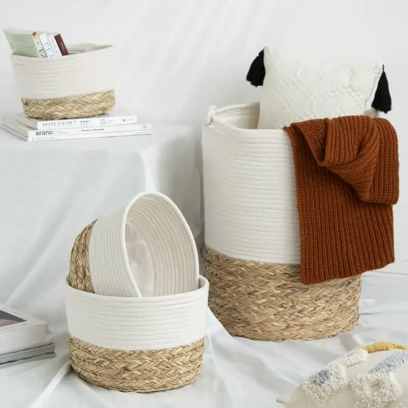 

Set of 4 Wicker Laundry Hampers, Woven Laundry Basket Set, White Easy Carry Extended Handles for Clothes