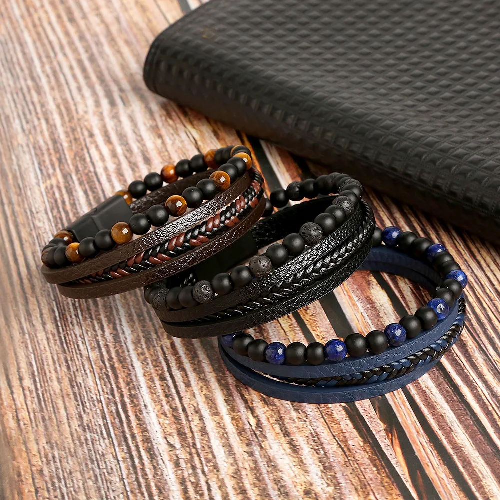 Hot Fashion Beads Leather Bracelet Men Classic Tiger Eye Beaded Multi Layer Leather Bracelet For Men Jewelry 2023 Gift images - 6