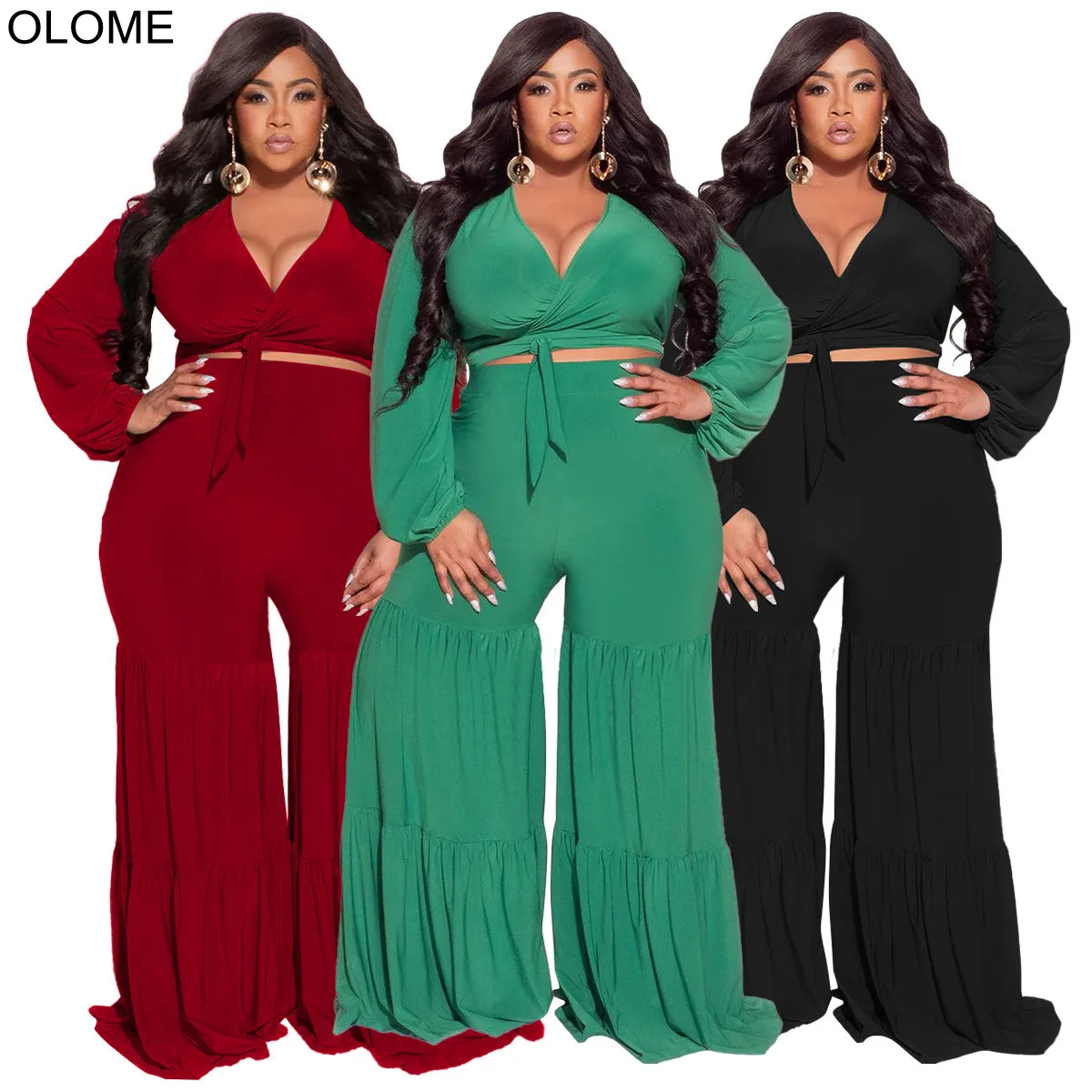 

Sexy Deep V Neck Tie-up Long Sleeves Patchwork Wide Leg Pants Two Pieces Set Women Casual Outfits Party Shirt Autumn