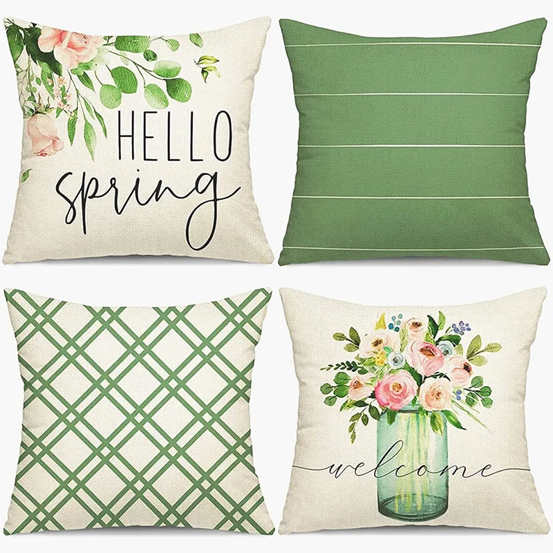 

Spring Pillow Covers 18X18 Set Of 4 Spring Farmhouse Decorations Throw Pillows Cushion Case For Home Decor