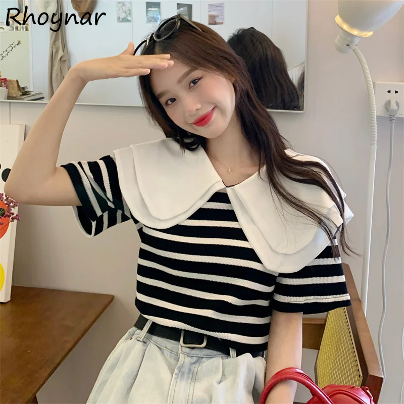 

Short Sleeve T-shirts Women Summer Patchwork Striped Trendy Double-layer Casual Vacation Футболка Женский Loose Cozy Korean New
