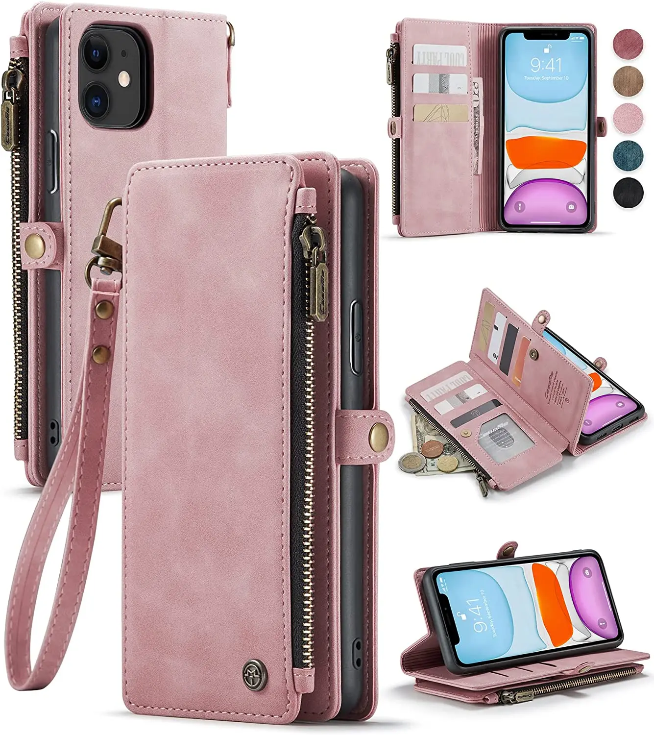 

For iPhone Ladies Wallet Case, Durable Leather Magnetic Flip Lanyard Strap Wrist Strap Zipper Card Holder Wallet Case 6.1 Inch