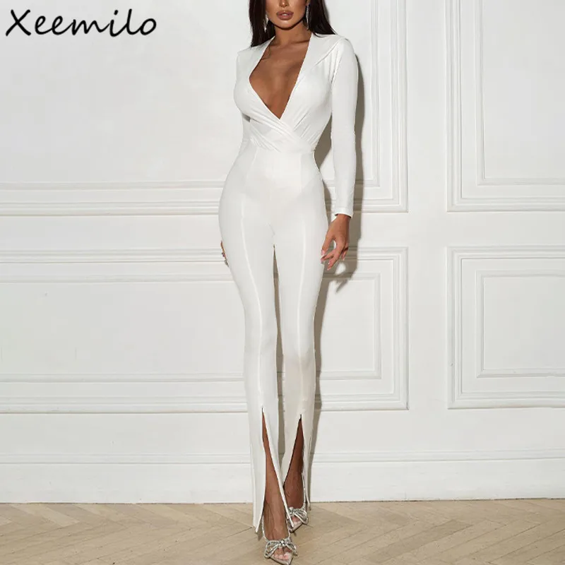 

Xeemilo Fashion Deep V-neck Hooded Jumpsuit Temperament Skinny High Streetwear Long Sleeve Split Pants Autumn Simple Jumpsuits