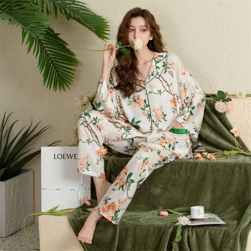 Women's Pajamas Sets Satin Print Sleepwear Spring Summer French Style Lace Cuff Trousers Long Sleeve Fashion Casual Home Suit