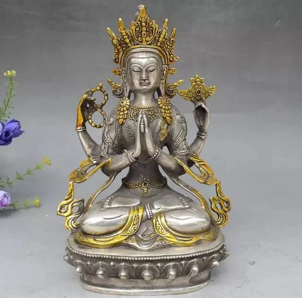 

Тибетский буддизм Серебряный позолоченный 4 руки Будда Авалокитешвара статуи и скульптуры домашний Декор Аксессуары для гостиной