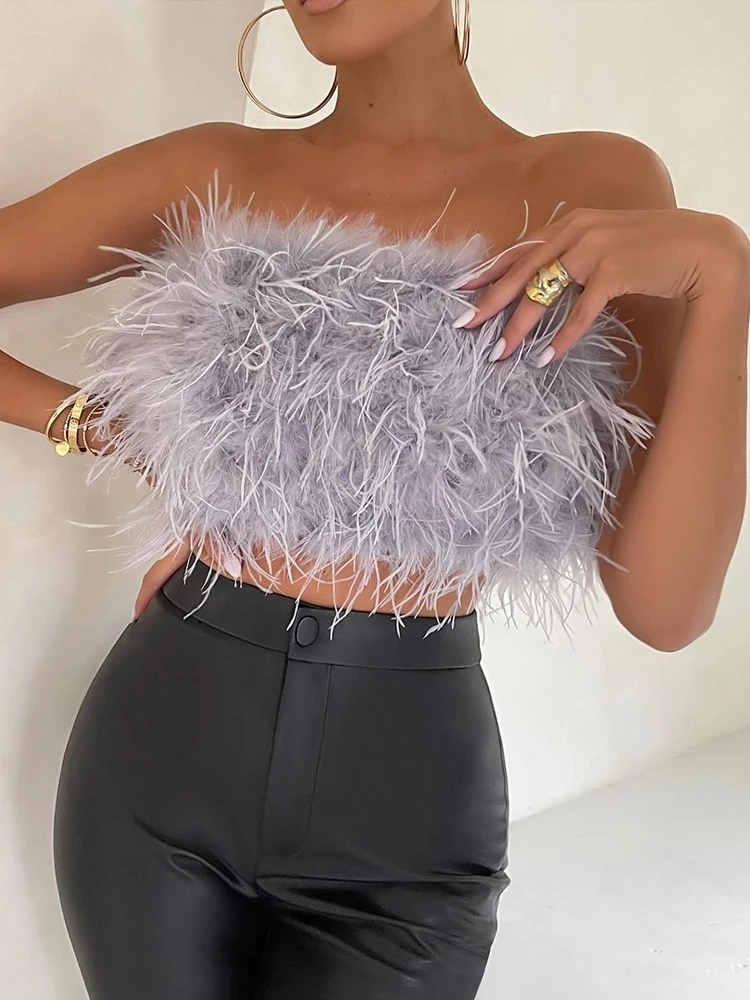 

Sexy Furry Crop Top Camis Women Ostrich Feather Tank Tunic Vest Sleeveless Bra Night Club Party 2022 Female Tube Cropped Tops
